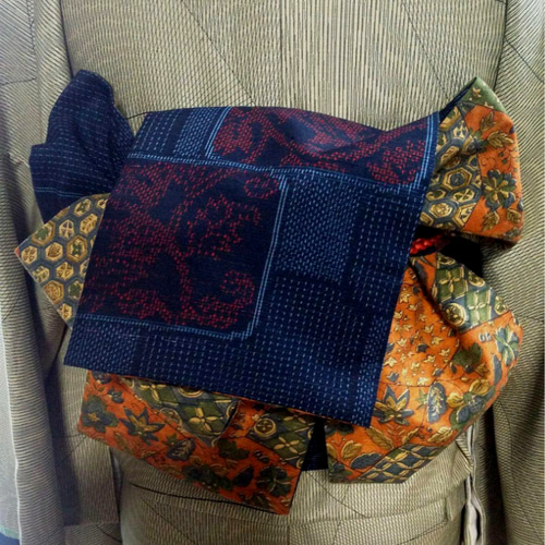 正絹】 紬 半幅帯(民芸織紬と染め紬)リバーシブル 和装小物（帯