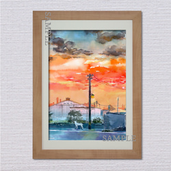 夕焼けの風景画　A4サイズ　透明水彩　アートポスター　ノスタルジー　『夕映えの工業地帯』 2枚目の画像