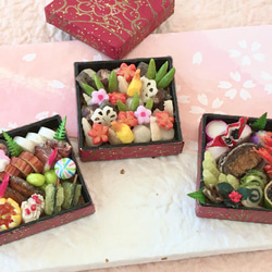 ミニチュア重箱縮緬細工食品 重箱お弁当 ちりめん細工 古布 縮緬 ミニチュアの重箱