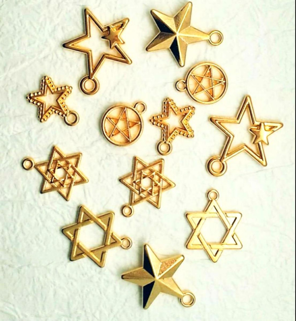チャーム 6種12個(各2個) 星 ミックス 立体 六芒星 ミニ ゴールド