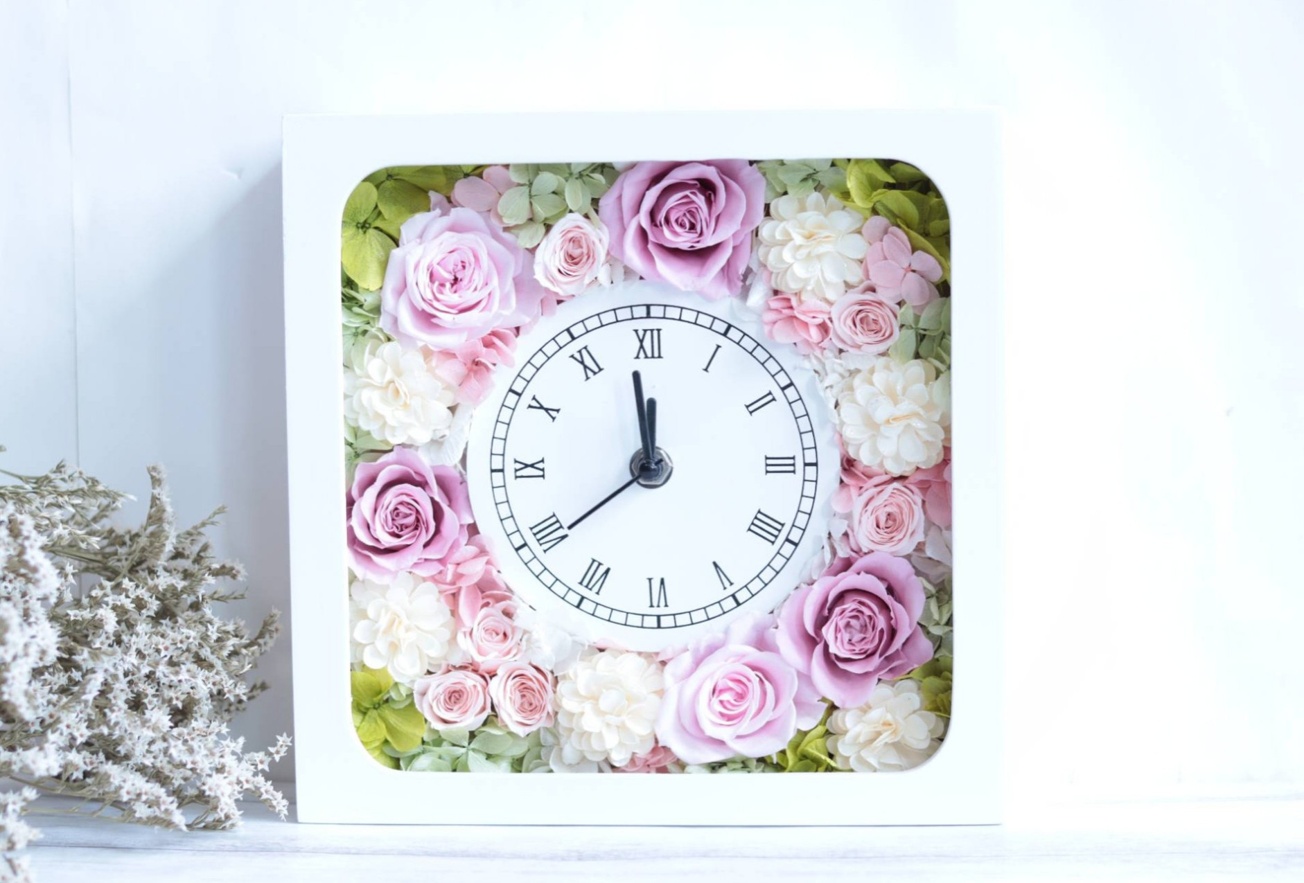 ふんわりピンクシュガー花時計＊無料ラッピング付＊プリザープドフラワー＊結婚・母の日･誕生日・両家贈り物・敬老の日・熨斗