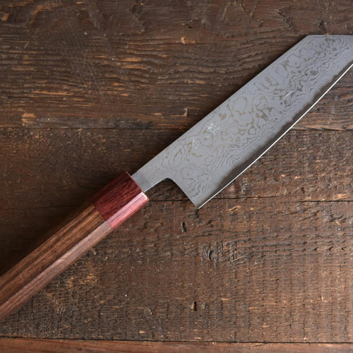 手造り鍛造 ダマスカス 青二多層鋼 文化包丁 切り付け三徳 紫檀八角柄