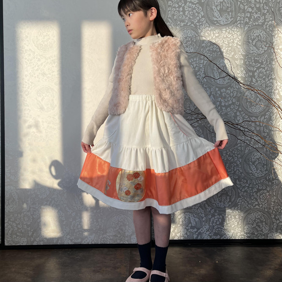 女の子用 コーデュロイ ＋ 帯  冬のフェミニンロングスカート 2枚目の画像
