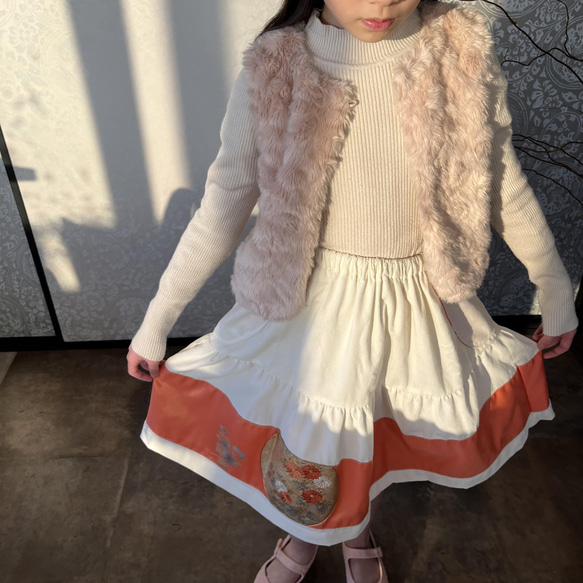 女の子用 コーデュロイ ＋ 帯  冬のフェミニンロングスカート 4枚目の画像