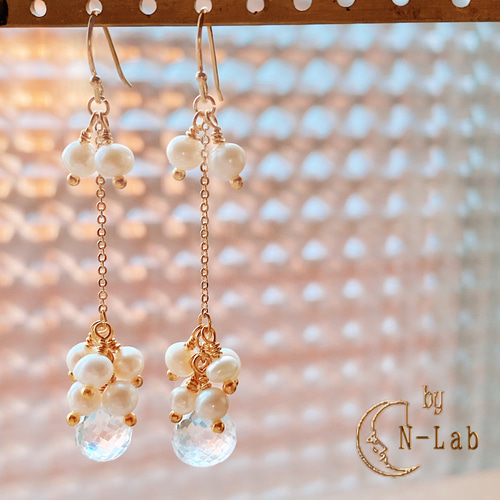 天然石 14kgf* 透き通るクリスタルと淡水パール ロング ピアス