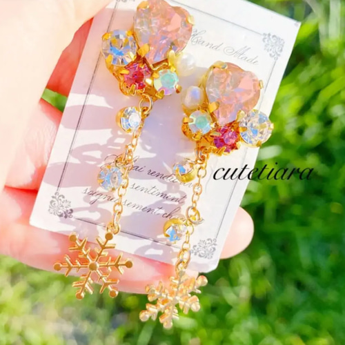 ハンドメイド❤️大人気❤️ライトピンクハート×キラキラスノーロング