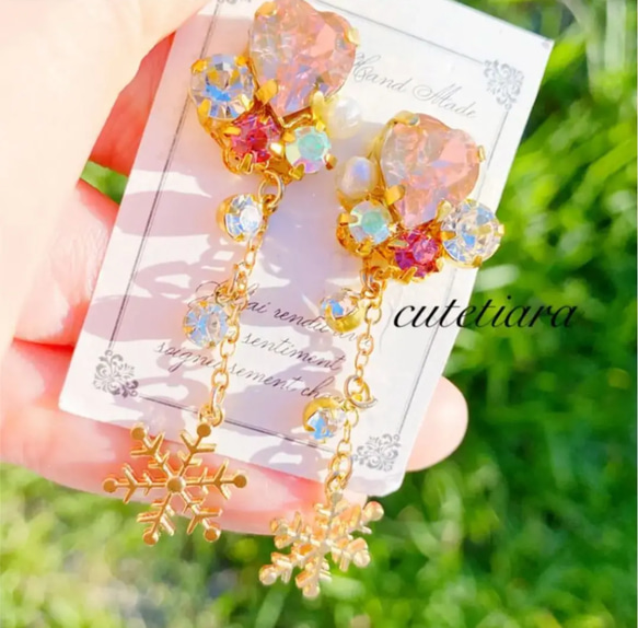 ハンドメイド❤️大人気❤️ライトピンクハート×キラキラスノーロング