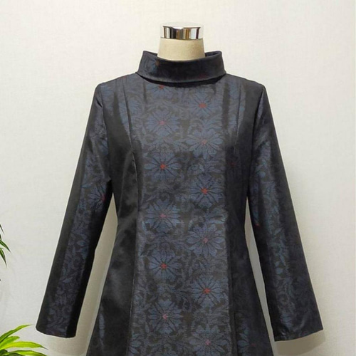 着物リメイク372 花柄ロングワンピース ロールカラーワンピ A