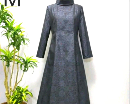 着物リメイク372 花柄ロングワンピース ロールカラーワンピ A