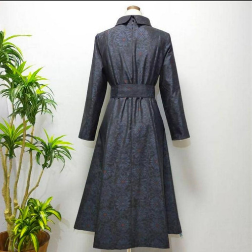 着物リメイク372 花柄ロングワンピース ロールカラーワンピ Aライン