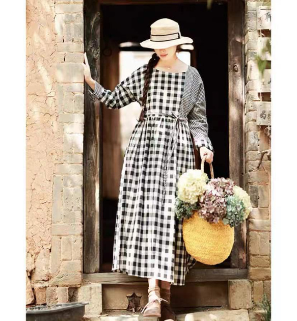 アシンメトリックチェック柄ロングワンピース