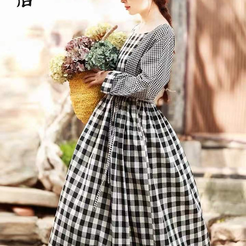 アシンメトリックチェック柄ロングワンピース