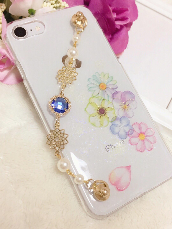 お花いっぱいのキーリングハンガー　（チェーン付きiPhoneケース）（iPhone7.8.第二世代SE） 5枚目の画像