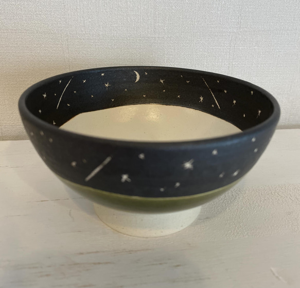 『受注生産』星空のご飯茶碗(L)　オリーブ釉　shin.pottrystudio 簡易不織布ラッピング無料　陶器 2枚目の画像