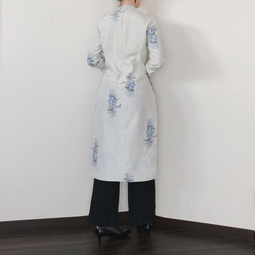 アオザイ 風 スリット ワンピース 【 着物リメイク 】 アイスブルー