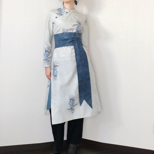 アオザイ 風 スリット ワンピース 【 着物リメイク 】 アイスブルー