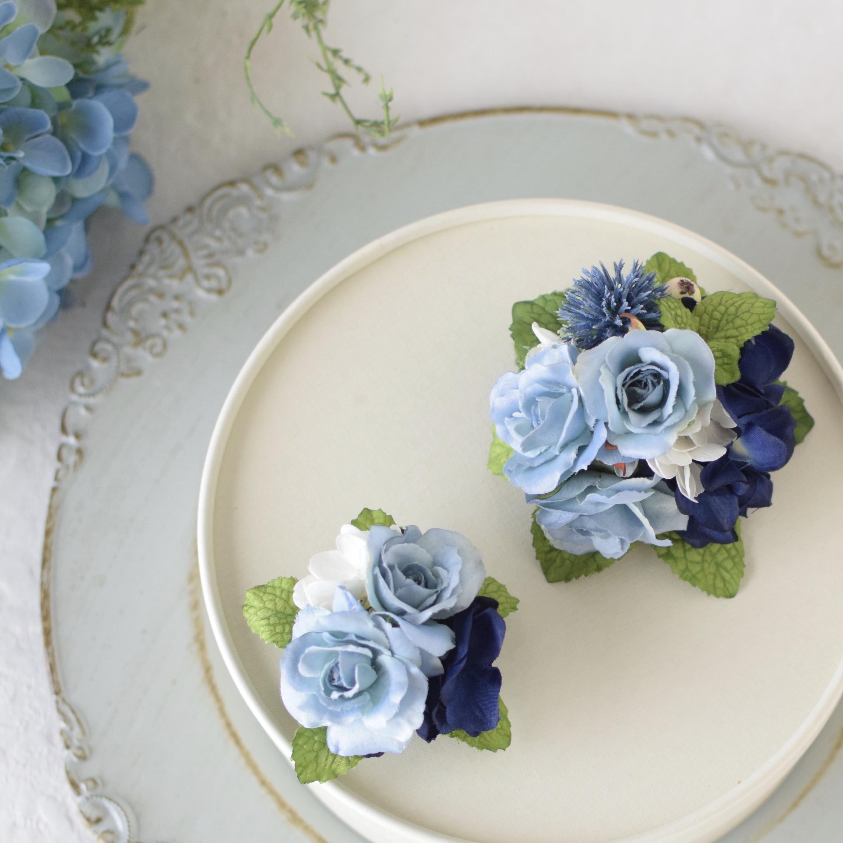 親子コーデ♪《花職人が作ったコサージュ＊》アイスブルーローズ&ミント(透明ケース付き)＊Creema限定 4,704円