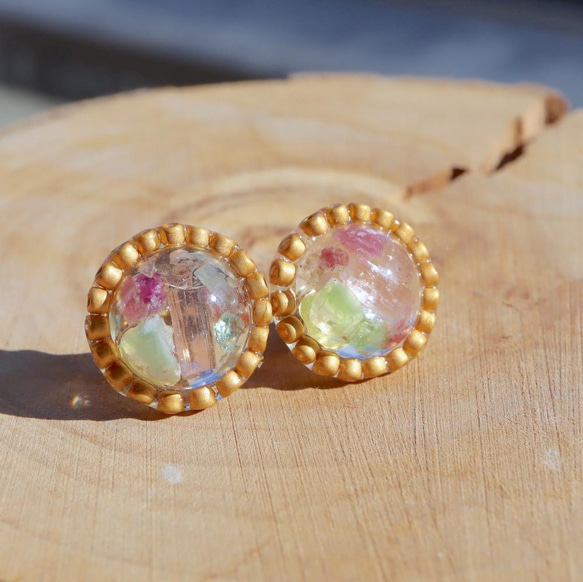 混合碧璽 ♢ 珠子 + 寶石 ♢ 2 個古董金珠圓形耳環 S- 第2張的照片
