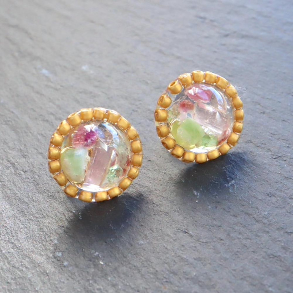 混合碧璽 ♢ 珠子 + 寶石 ♢ 2 個古董金珠圓形耳環 S- 第1張的照片