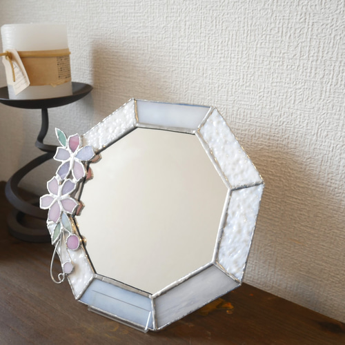 ✴︎:.ステンドグラス 八角形のミラー / 春の桜 壁掛け鏡 ドレッサー