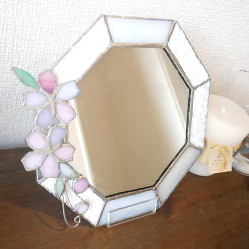 ✴︎:.ステンドグラス 八角形のミラー / 春の桜 壁掛け鏡 ドレッサー