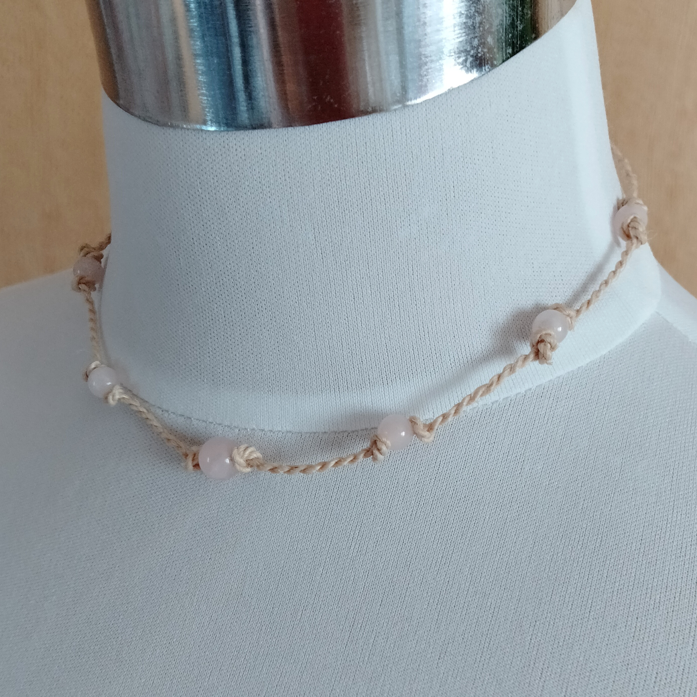 2WAY◇精麻&ローズクォーツプチネックレスチョーカーブレスレット天然石紅水晶お守りヘンプ野州麻紐シャーベットピンク