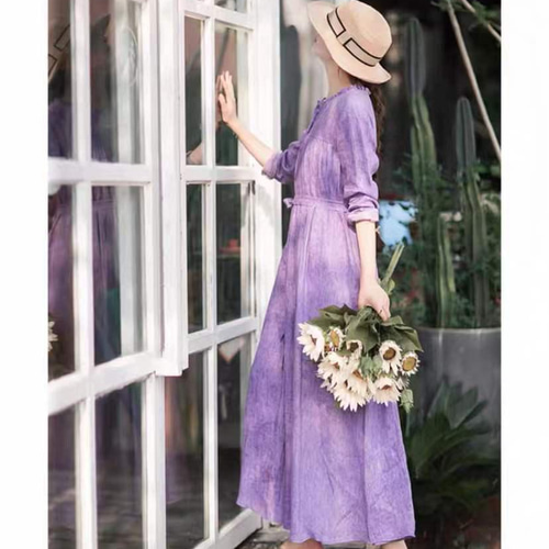 先染リネン/麻100%】フリルカラーのロングワンピース ウエストリボン