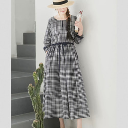 くるみボタンとギンガムチェックロングワンピース ウエスト