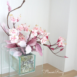 【和洋OK♡/八重桜/ガラス/パン粘土】透明ガラスのオシャレな桜のパンフラワーアレンジメント 2枚目の画像