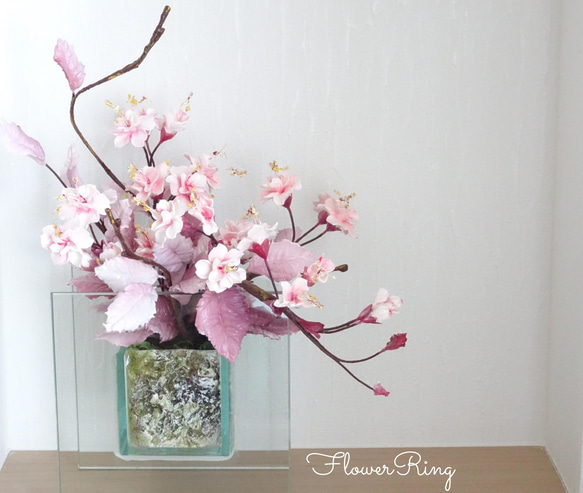 【和洋OK♡/八重桜/ガラス/パン粘土】透明ガラスのオシャレな桜のパンフラワーアレンジメント 9枚目の画像