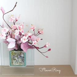【和洋OK♡/八重桜/ガラス/パン粘土】透明ガラスのオシャレな桜のパンフラワーアレンジメント 3枚目の画像