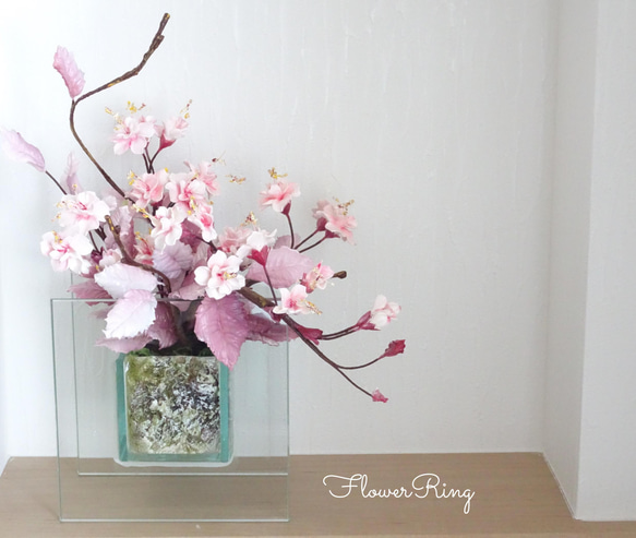 【和洋OK♡/八重桜/ガラス/パン粘土】透明ガラスのオシャレな桜のパンフラワーアレンジメント 3枚目の画像