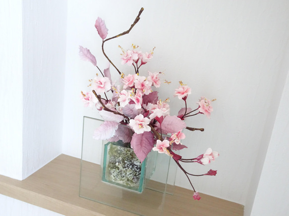【和洋OK♡/八重桜/ガラス/パン粘土】透明ガラスのオシャレな桜のパンフラワーアレンジメント 7枚目の画像