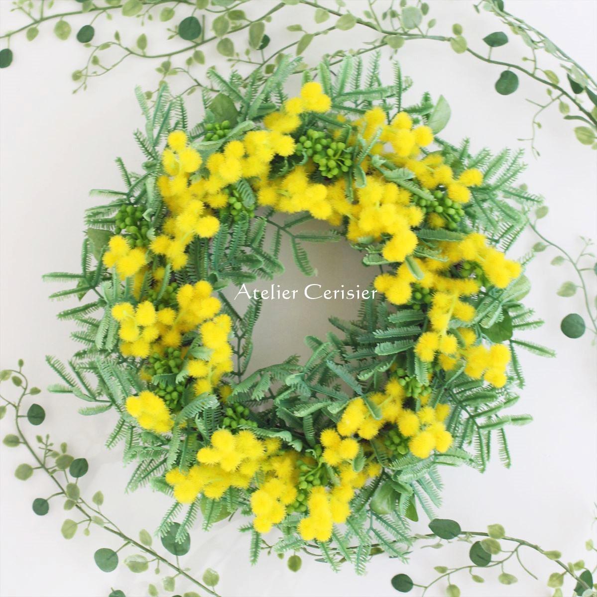 ☆ミモザ リース＜アーティフィシャルフラワー＞ミモザ＆グリーンベリー 2４センチ