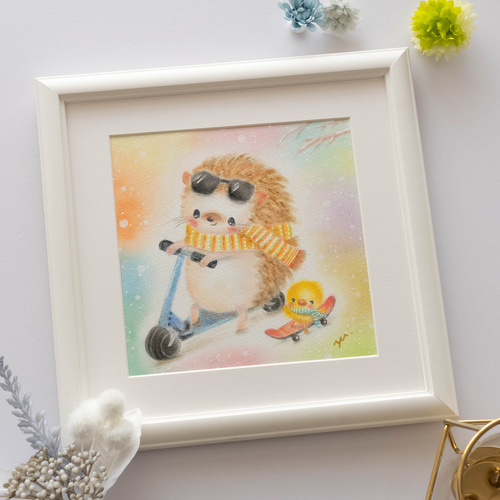 原画・フレーム付き】「元気なふたり」 はりねずみ ひよこ パステル