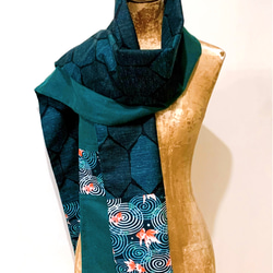 スカーフNo.303 *觀魚*設計師手作日本古董布綠色六角磚紅金魚水草漣漪圍巾 披肩鞥 第3張的照片