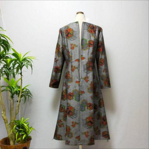 アンティーク正絹紬 着物リメイク 花柄ロングワンピース 大人かわいい