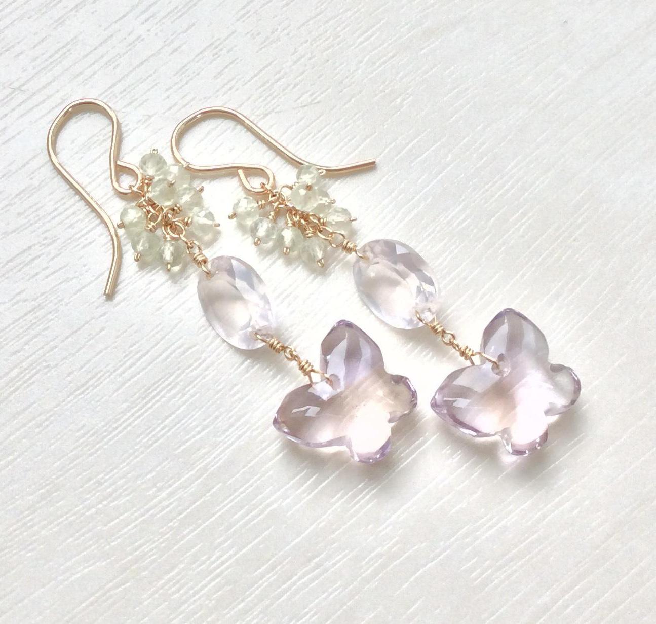 14kgf 蝶々アメトリンとローズクォーツ・プレナイトのロングピアス