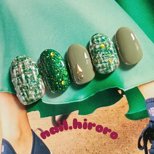 再販2】カーキ×エメラルド×ツイード（ネイルチップ シンプル キラキラ