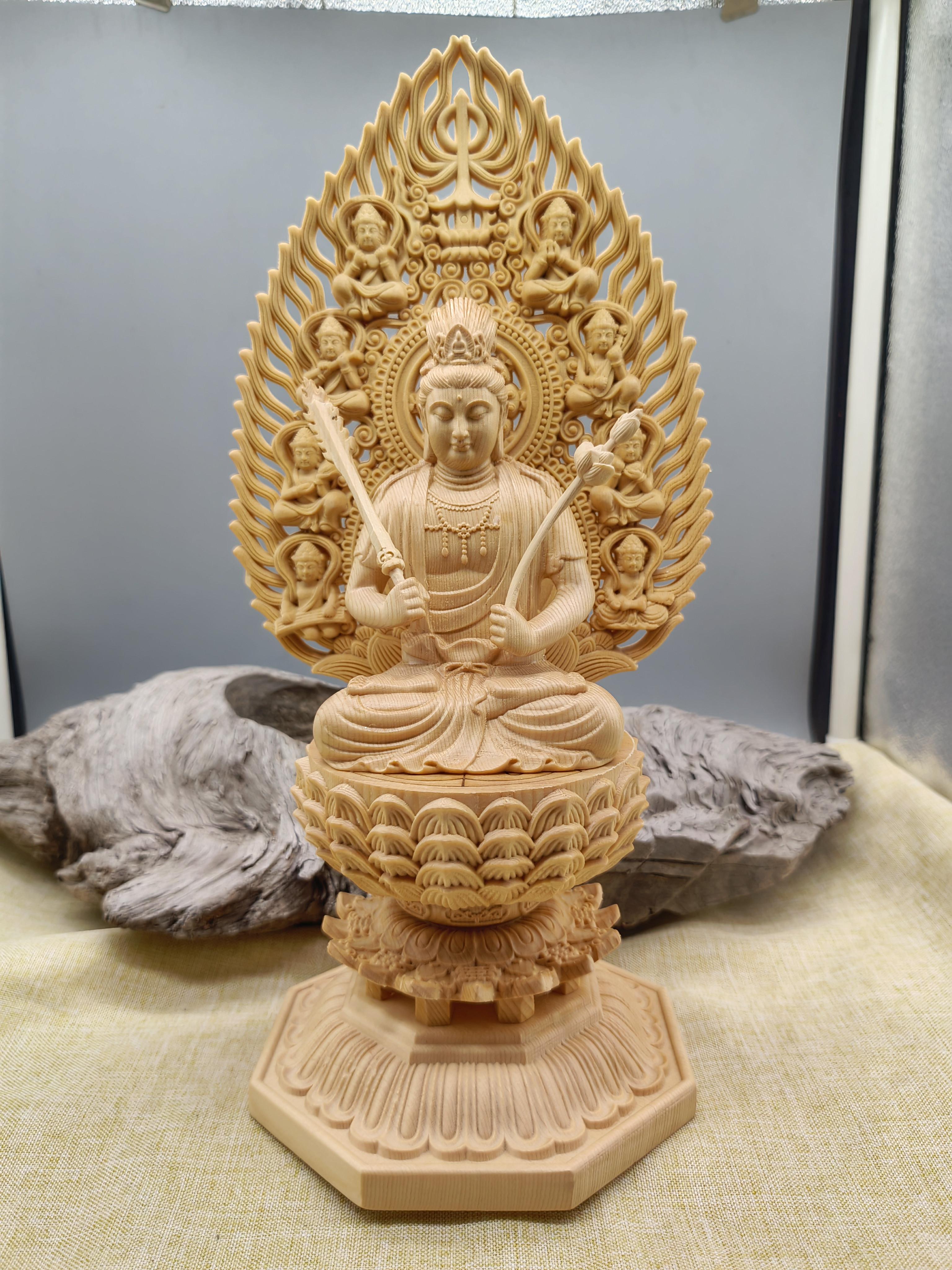 総柘植材 仏教工芸品 時代彫刻 一刀彫 極上彫 木彫仏像 阿弥陀如来三尊