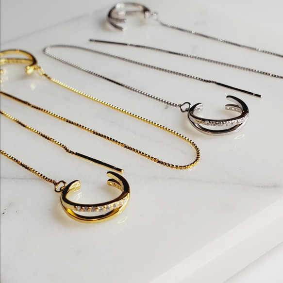 925 銀耳環和鍊式耳環組（2 種顏色可選），鑲嵌鋯石 第3張的照片