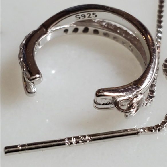 925 銀耳環和鍊式耳環組（2 種顏色可選），鑲嵌鋯石 第5張的照片