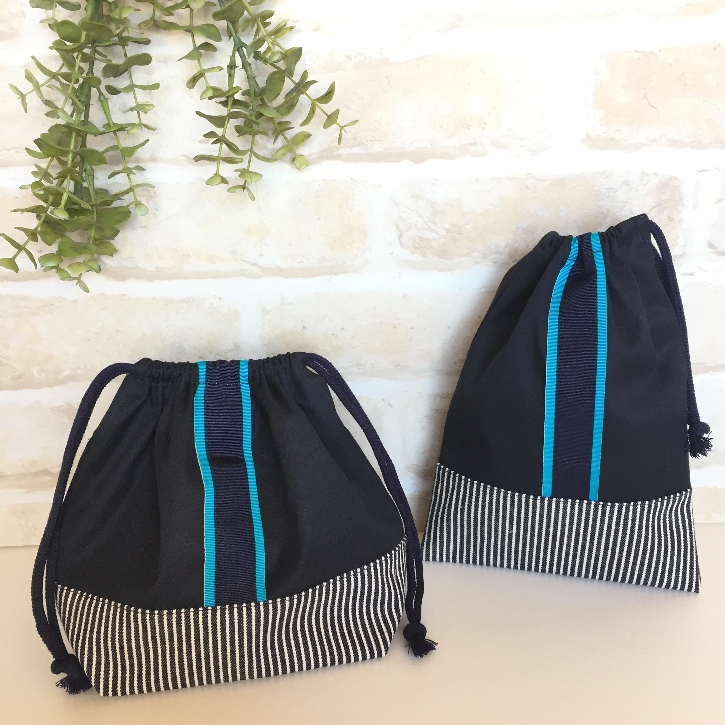 卒業まで使える 給食袋&お弁当袋◼️NV/BLライン ヒッコリー ◼️入園入学セット 男の子 コップ袋  巾着 高学年