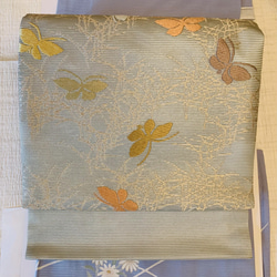 セール！夏用の結び帯/西陣織、絹シルク100%蝶々柄(水色)。挿すだけ完成、簡単着付け帯 2枚目の画像
