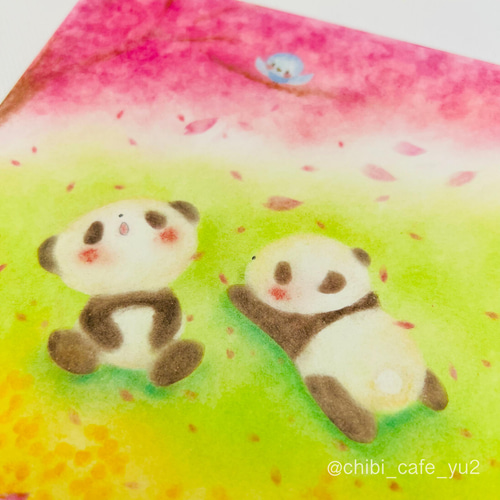 保障できる 桜 原画】「お花見パンダ」 小鳥 イラスト パステルアート 絵画