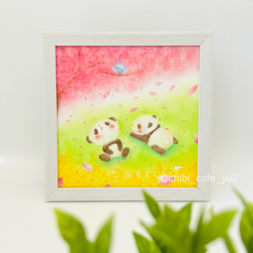 原画】「お花見パンダ」 桜 小鳥 パステルアート イラスト