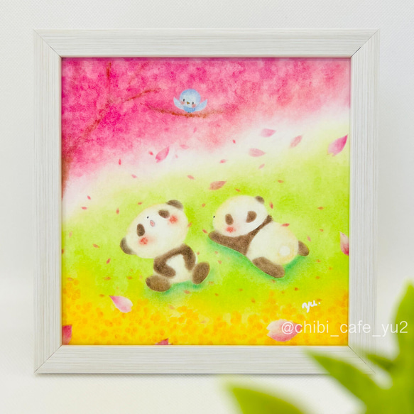 原画】「お花見パンダ」 桜 小鳥 パステルアート イラスト 原画】「お花見パンダ」 桜 小鳥 パステルアート イラスト