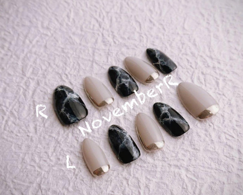 ネイルチップ チップ 大理石 黒 カッコイイ オーダーネイル フルオーダーネイル 漆黒の大理石ネイル - ネイルチップ専門店ミチネイル