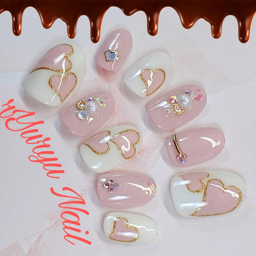 バレンタインデザイン ネイルチップ 組み合わせ自由 2000円〜 みるくぴんく色ハートとキラキラホログラム バレンタインネイル