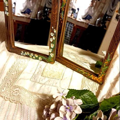 アンティーク ミラー トールペイント鏡（IKEA 壁掛けミラー 廃盤  